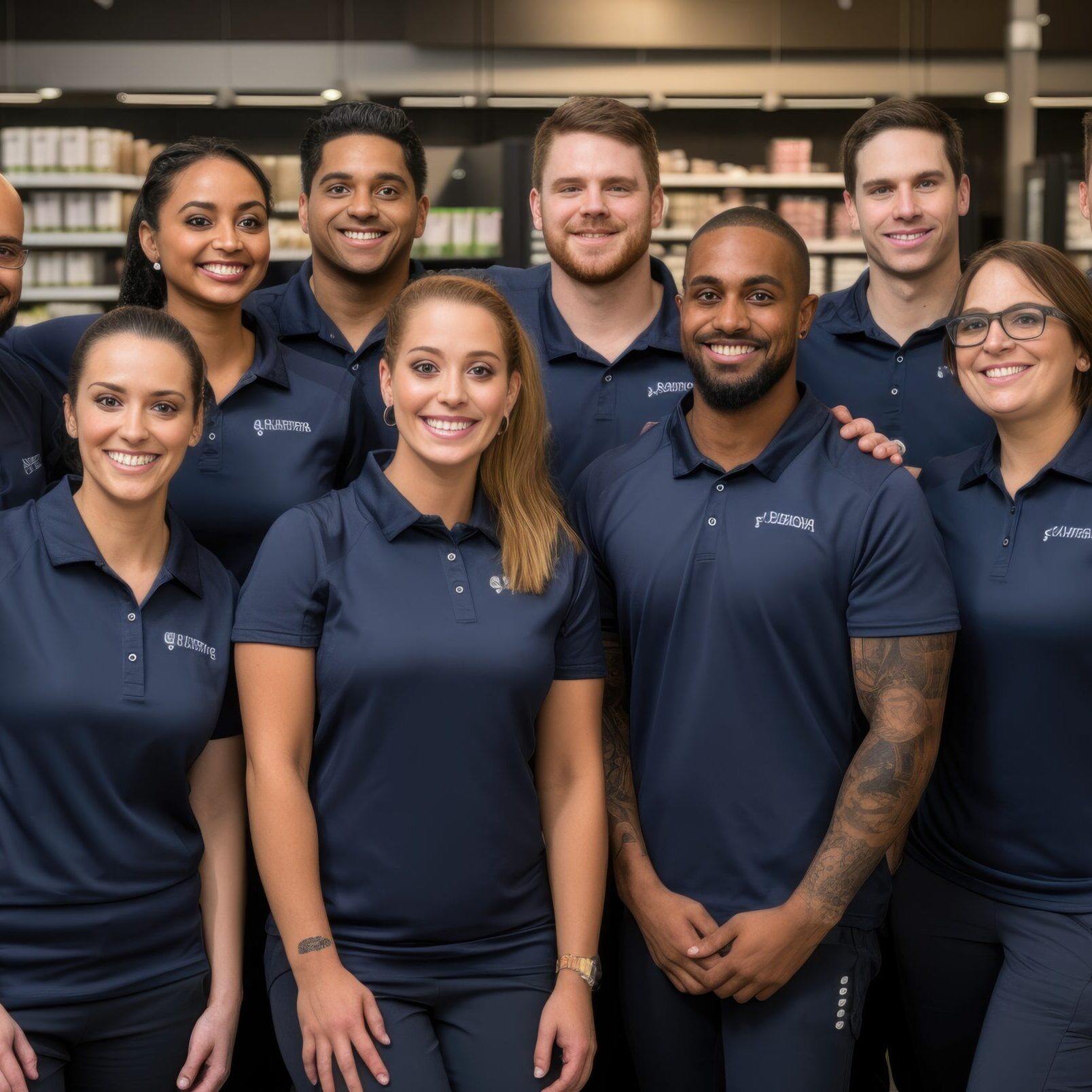 Employees stand posing in a store. Generative AI